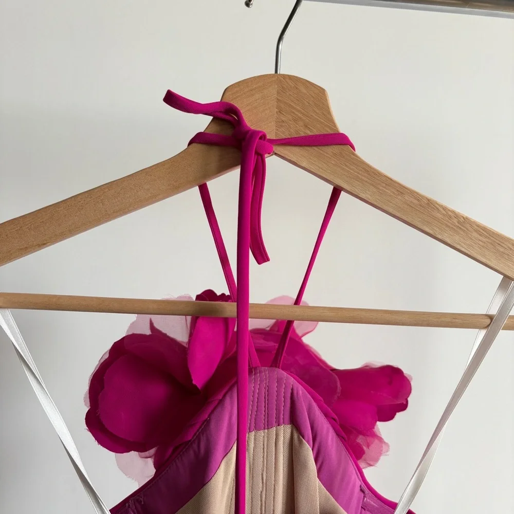 Halston Heritage Hot Pink Halter Maxi Dress with Floral Neck Detail - Picture 10 of 16